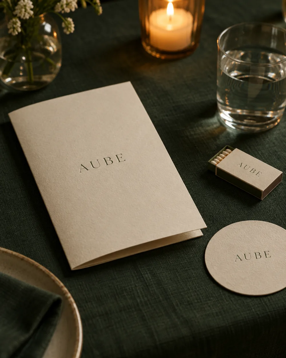 Menu, boîte d'allumettes et sous-verre d'un restaurant