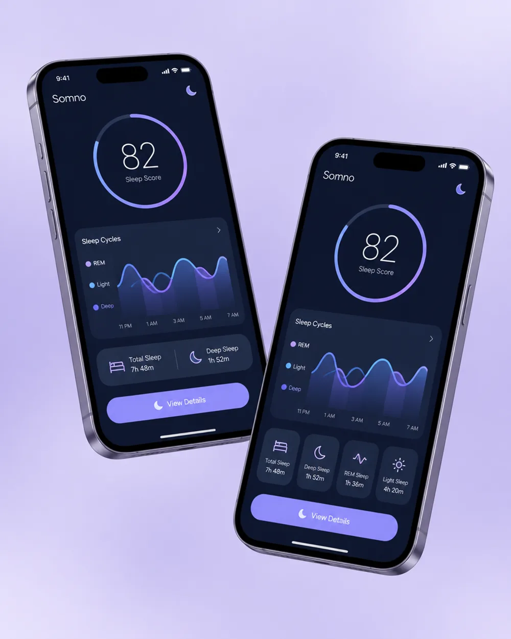 Interface d'une application de suivi du sommeil sur deux téléphones